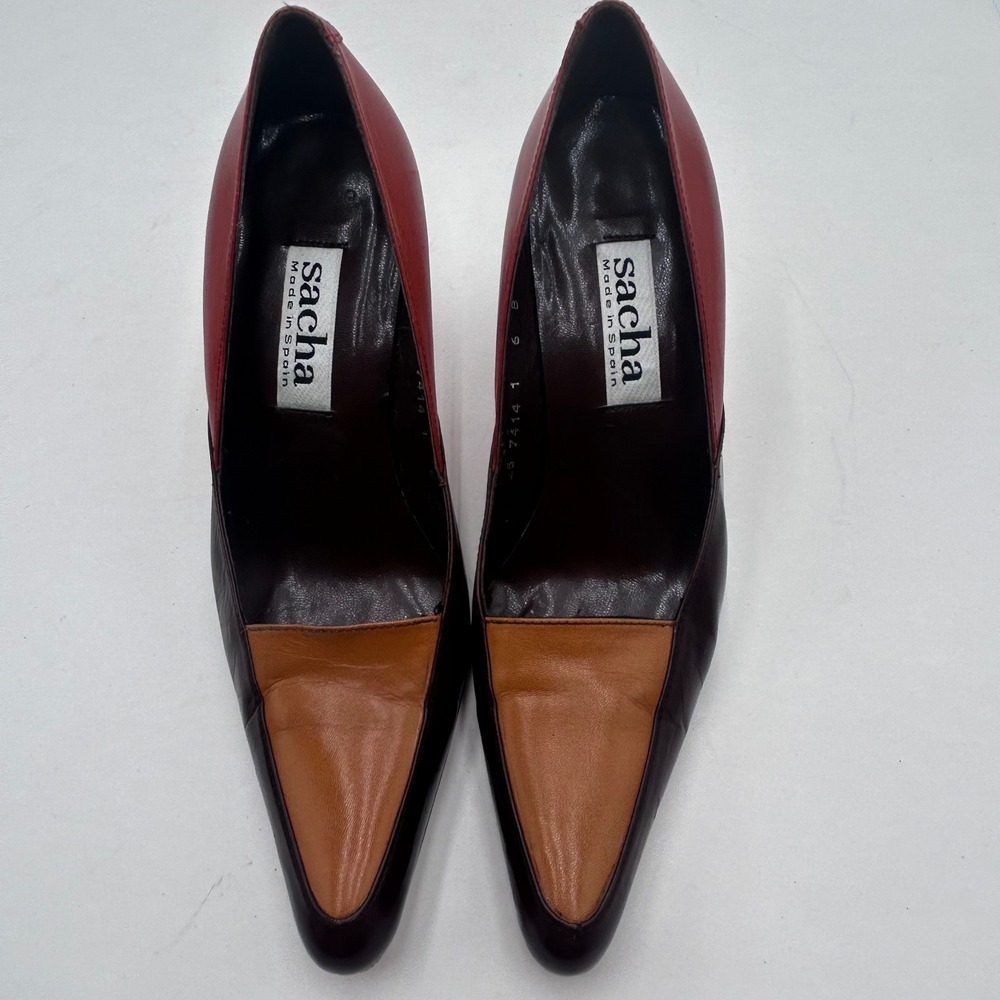 VTG Sacha London Color Block Pointed Toe Heels Red Tan Leather Made in Spain 6